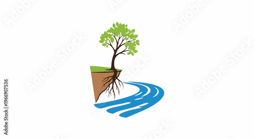 Tree with exposed roots stands on an island next to a flowing river