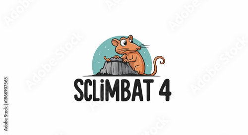 Cartoon orange rodent with large eyes scales a jagged rock under a teal sky