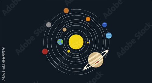A stylized depiction of planets orbiting a central sun against a dark background