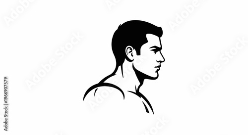 Black and white profile illustration of a muscular man's head and shoulders