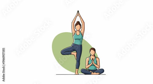 Two women practicing yoga poses, one standing, one seated