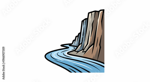 A stylized illustration of a river flowing through a rugged canyon