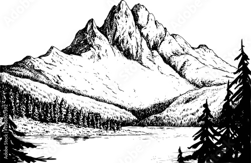 Slika na platnu Snow capped mountain range reflected in calm lake with pine forest and evergreen