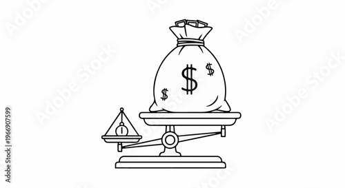 A stylized drawing of a weighing scale balancing a money bag and a single coin