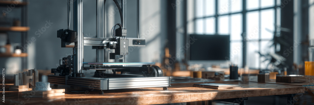 Fototapeta premium In a workshop filled with natural light, a 3D printer works on engineering prototypes. Tables display tools and materials used for various projects in technology and design