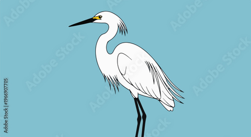 A simple white bird with black legs and beak stands against a blue background