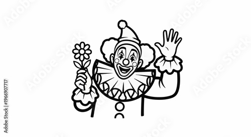 Cheerful clown with flower and waving hand