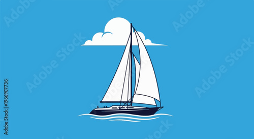 A sailboat with white sails glides through blue water under a white cloud