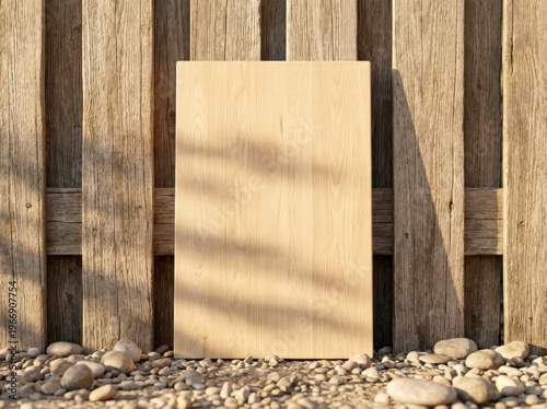 Display Blank Vertical Light Wood Board Mockup against Fence Outdoors