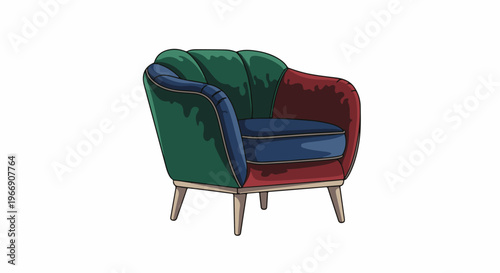 A plush, segmented armchair with red, green, and blue upholstery and wooden legs