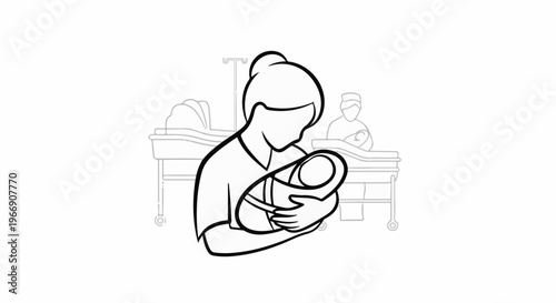 A mother cradles her newborn baby, with medical staff in the background