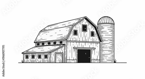 Black and white sketch of a rustic barn with attached silo and small shed