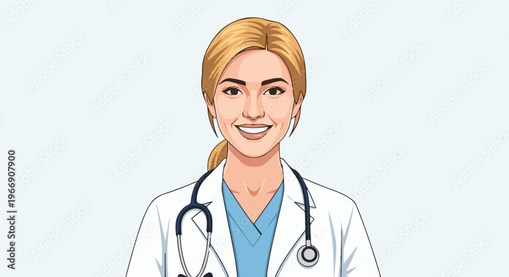 Fototapeta premium Cartoon portrait of a smiling female doctor wearing a lab coat and stethoscope