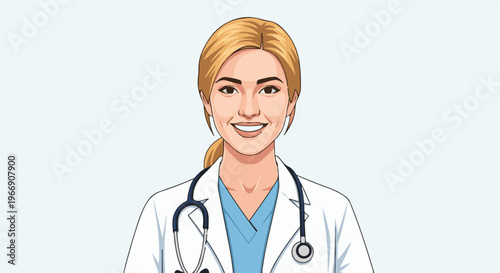 Cartoon portrait of a smiling female doctor wearing a lab coat and stethoscope