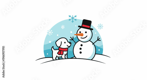 A cheerful dog wearing a scarf meets a smiling snowman in a snowy scene