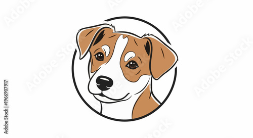 A cartoon dog's face with brown and white markings, in a black circle