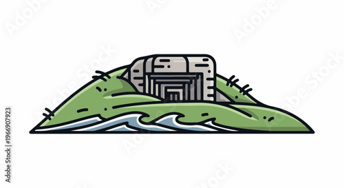 A cartoonish building on a green hill beside blue ocean waves