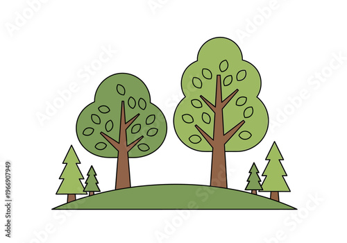 Stylized green trees and evergreen conifers rolling hills with white background nature