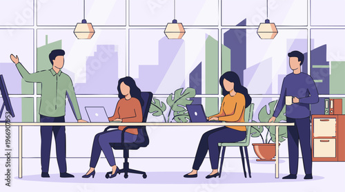 Business team working and collaborating in a modern office with cityscape view