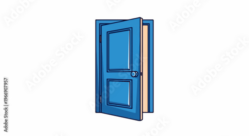 A blue cartoon door stands ajar, revealing a glimpse inside