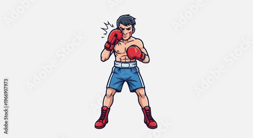 Cartoon boxer with red gloves and blue shorts stands ready