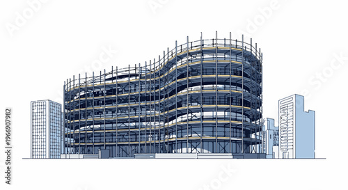 Building under construction with scaffolding and adjacent structures