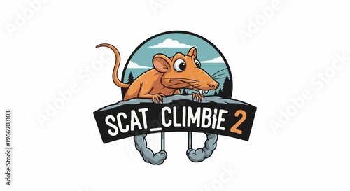 Cartoon rodent peeking over text on a stone ledge with clouds and trees