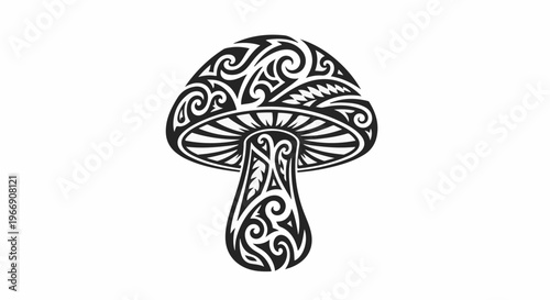 Black and white stylized mushroom with intricate tribal patterns