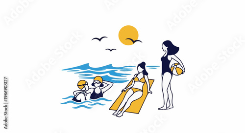 Beach scene with people swimming, sunbathing, and standing with a ball