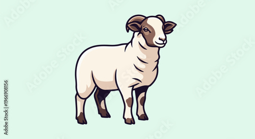 Cartoon sheep with brown horns and ears, standing against a light blue background