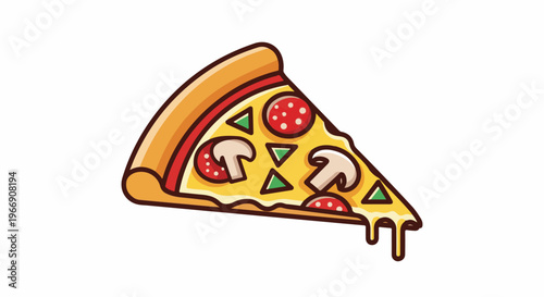 Cartoon slice of pizza with melted cheese, pepperoni, mushrooms, and green peppers