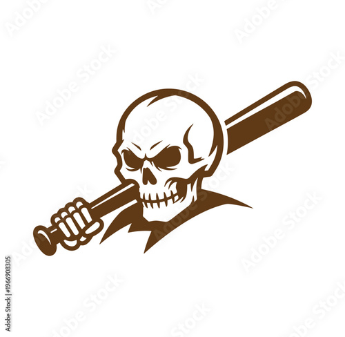 Brown skull holding a baseball bat in its mouth aggressively isolated on white background