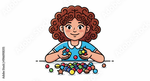 Cartoon child with curly hair playing with colorful marbles and candies