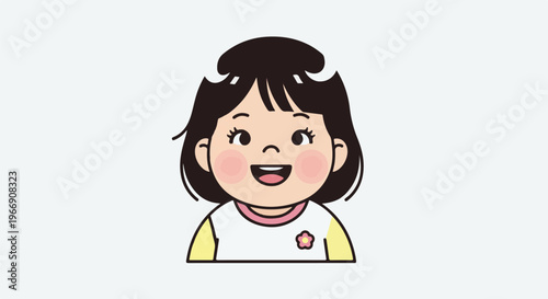 Cartoon child with dark hair, rosy cheeks, and a happy smile