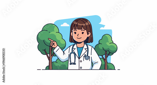 Cartoon doctor with stethoscope in green nature setting, pointing left