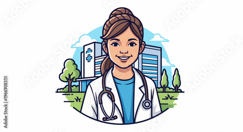 Cartoon doctor with stethoscope outside a hospital building