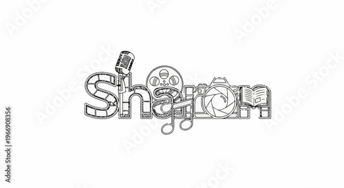 Artistic depiction of film, music, photography, and reading symbols