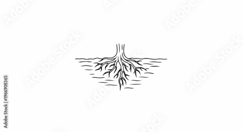 Artistic depiction of branching roots emerging from a trunk into rippling water
