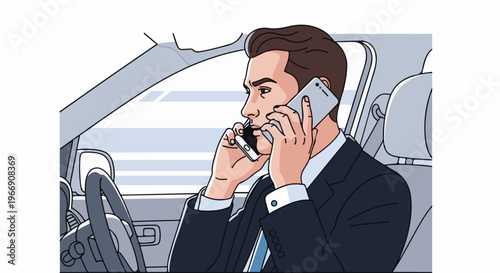 Businessman in car talking on two phones, profile view