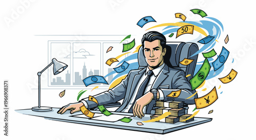 Businessman in office surrounded by flying cash and city skyline