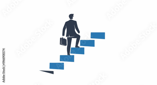 Businessman climbs stairs with briefcase, symbolizing career advancement
