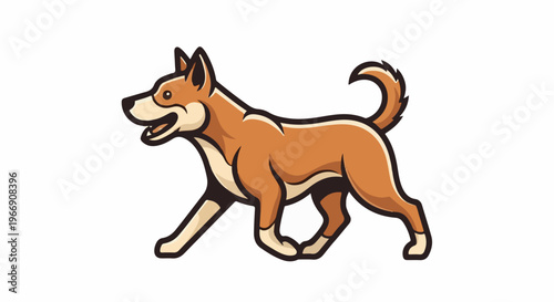 Cartoon dog with brown fur, white markings, and bushy tail, walking