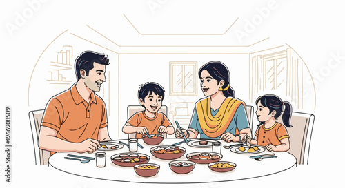 Cheerful family enjoys a traditional meal together around a dining table