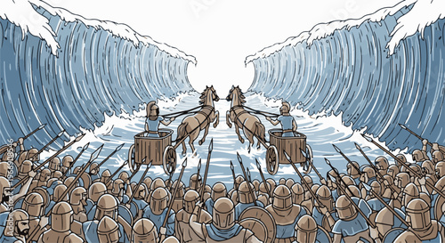 Army and chariots caught between parted ocean waves and a pursuing force