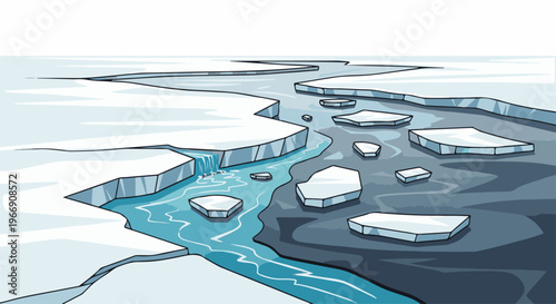 Arctic landscape with icy water channels and floating ice floes