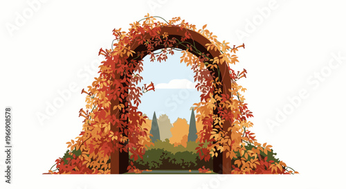 Archway draped with autumn foliage reveals a hazy landscape
