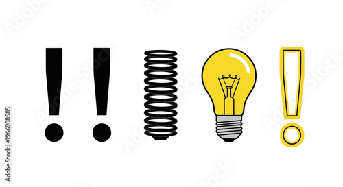 Yellow light bulb and exclamation marks white background representing ideas and importance
