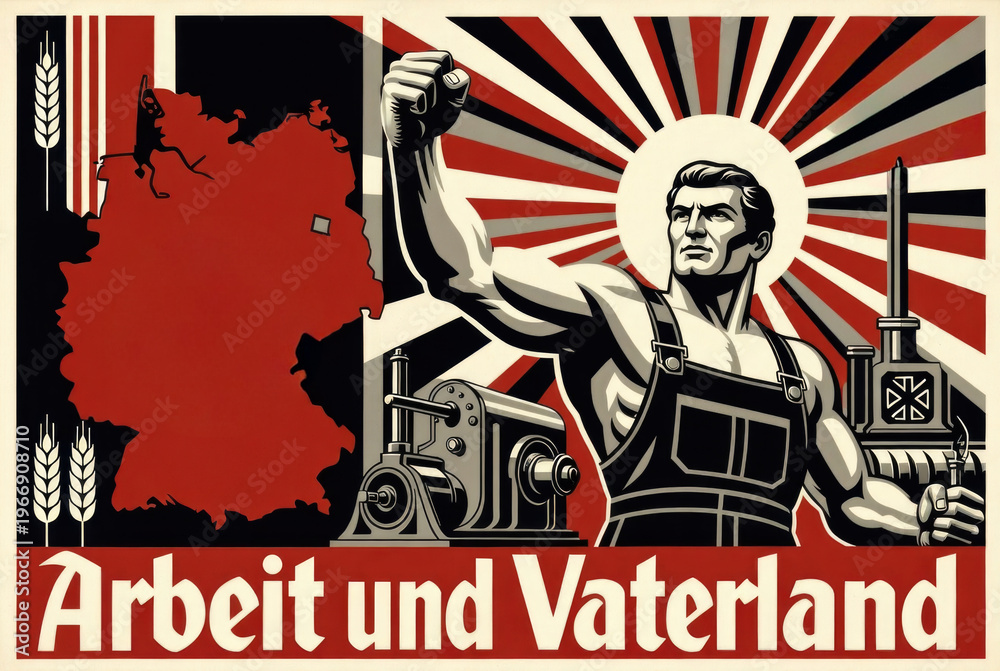 Obraz premium Vintage Soviet and German Propaganda Poster with Strong Worker