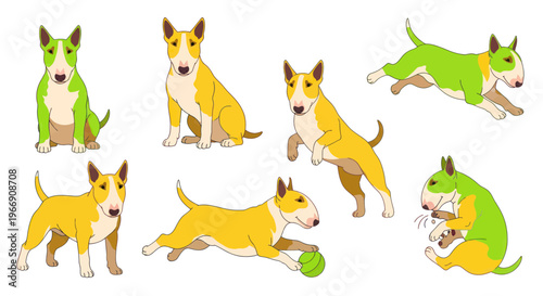 Canvas Print Cute Bull Terriers Poses Collection - Green and Yellow Cartoon Dogs