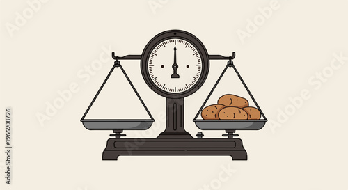 Black antique scale with empty pan on left, potatoes on right
